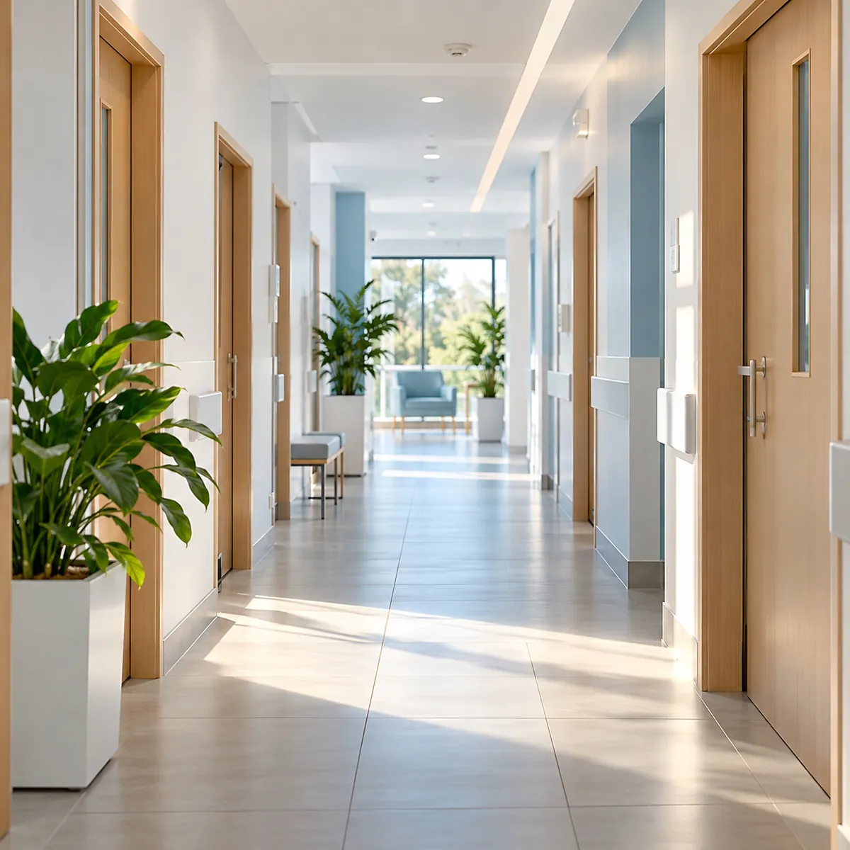 Pasillo de un centro de salud con puertas de madera y plantas, iluminado por el sol