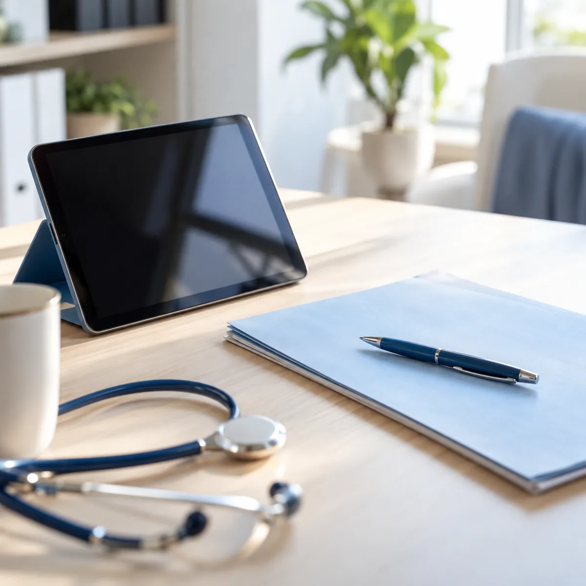 Tablet, carpeta celeste y estetoscopio sobre la mesa de un consultorio