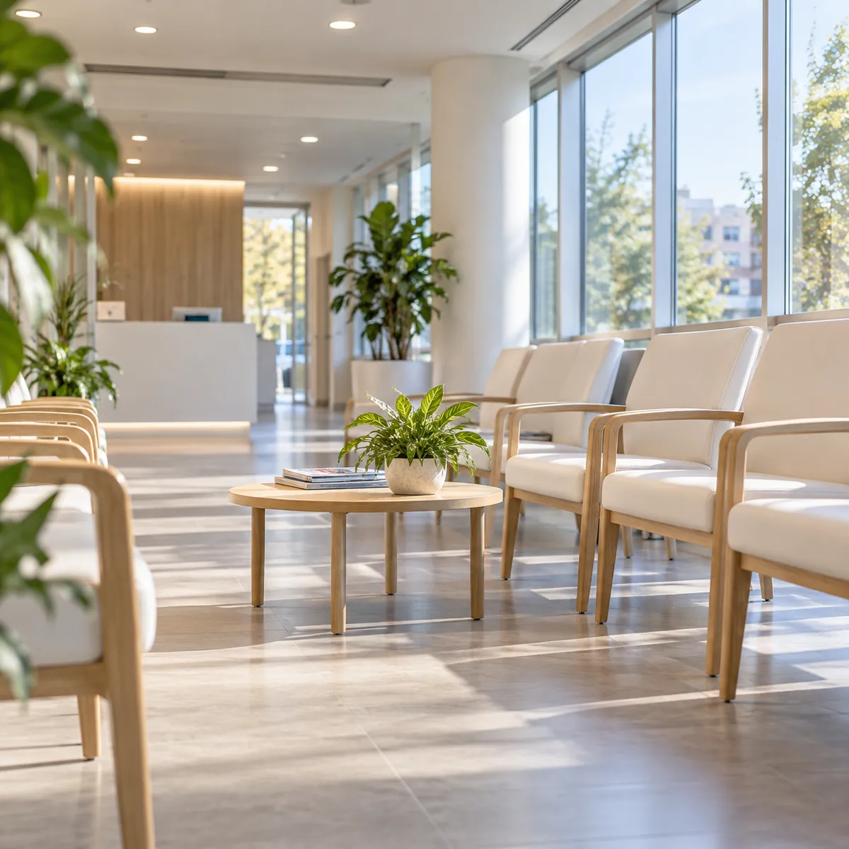 Sala de espera luminosa con sillones de madera clara y plantas